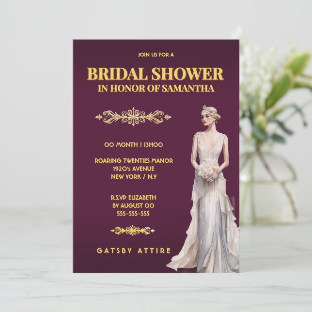 Convites The Great Gatsby bridal shower bride ivory white (Em pé/Frente)