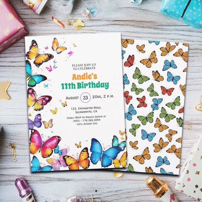 Convites The Joy of Butterflies 11th Birthday Invitation (Criador carregado)