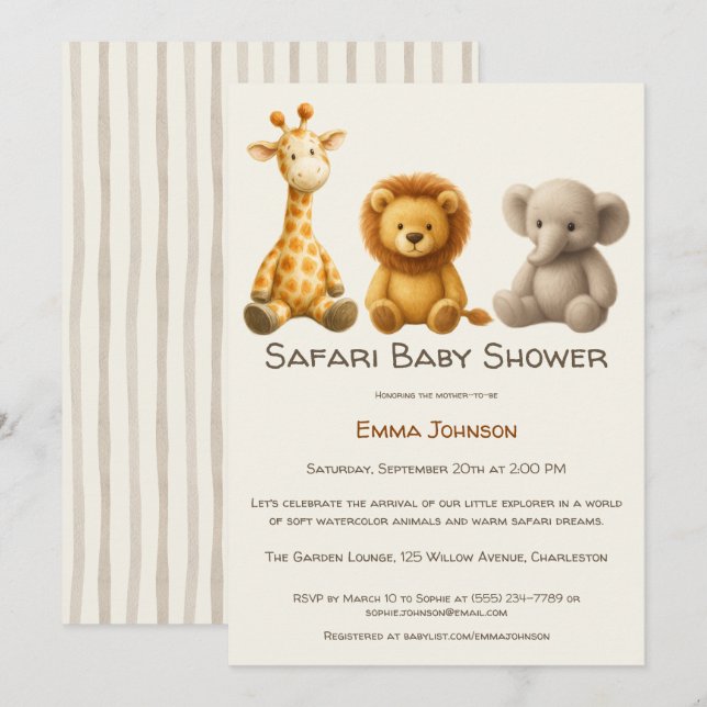 Convites The Little Explorer | Safari Friends Baby Shower (Frente/Verso)