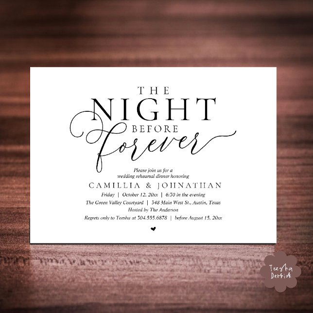 Convites “The Night Before Forever” Modern Rehearsal Dinner (“The Night Before Forever” Modern Classy Rehearsal Dinner Invitation card in black and white)