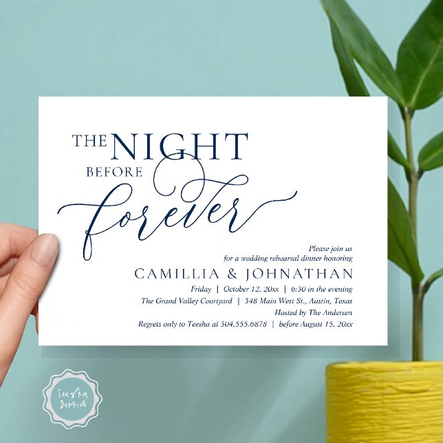 Convites The Night Before Forever, Wedding Rehearsal Dinner (The Night Before Forever Wedding Rehearsal Dinner Romantic Classy Invites Card PDF in Navy Blue)