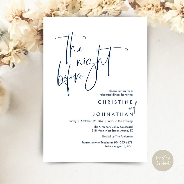 Convites The Night Before, Modern Casual Rehearsal Dinner (The Night Before, Modern Wedding Rehearsal Dinner Invitation Card in Navy Blue)