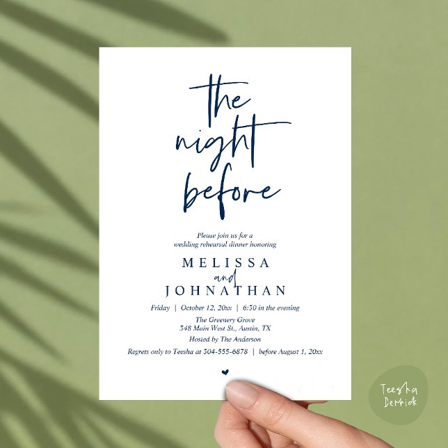 Convites The night before, Modern Wedding Rehearsal Dinner (The night before, Modern minimalist Wedding Rehearsal Dinner Invitation card in navy blue)