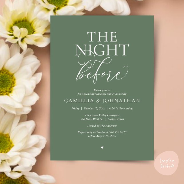 Convites “The Night Before” Modern Wedding Rehearsal Dinner (“The Night Before” Modern Classy Rehearsal Dinner Reception Invitation Card Sage Green)
