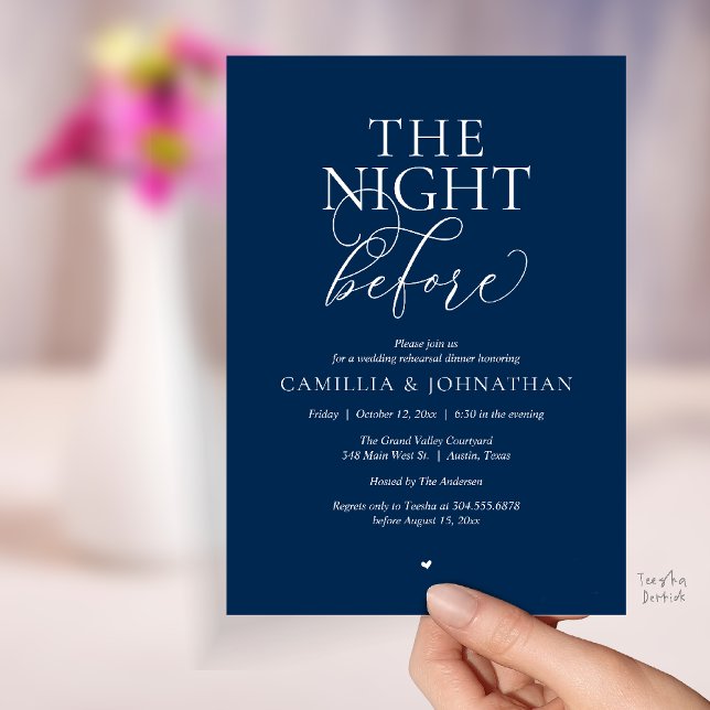 Convites “The Night Before” Modern Wedding Rehearsal Dinner (“The Night Before” Modern Classy Rehearsal Dinner Reception Invitation Card Navy Blue)