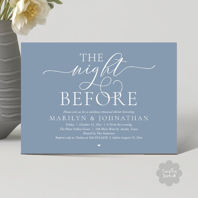 Convites The Night Before, Modern Wedding Rehearsal Dinner (The Night Before, Modern Romantic Classy Wedding Rehearsal Dinner Invitation Card in dusty blue)