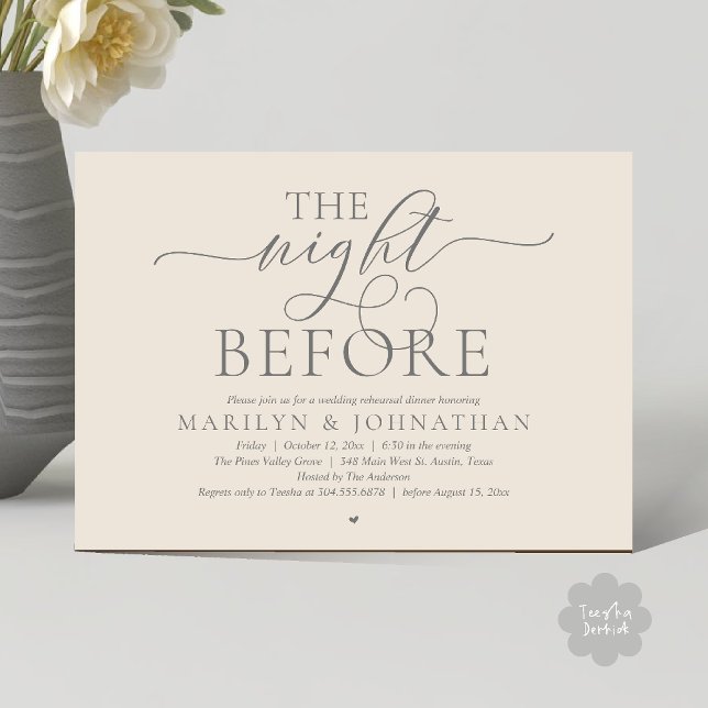 Convites The Night Before, Modern Wedding Rehearsal Dinner (The Night Before, Modern Romantic Classy Wedding Rehearsal Dinner Invitation Card in cream grey)