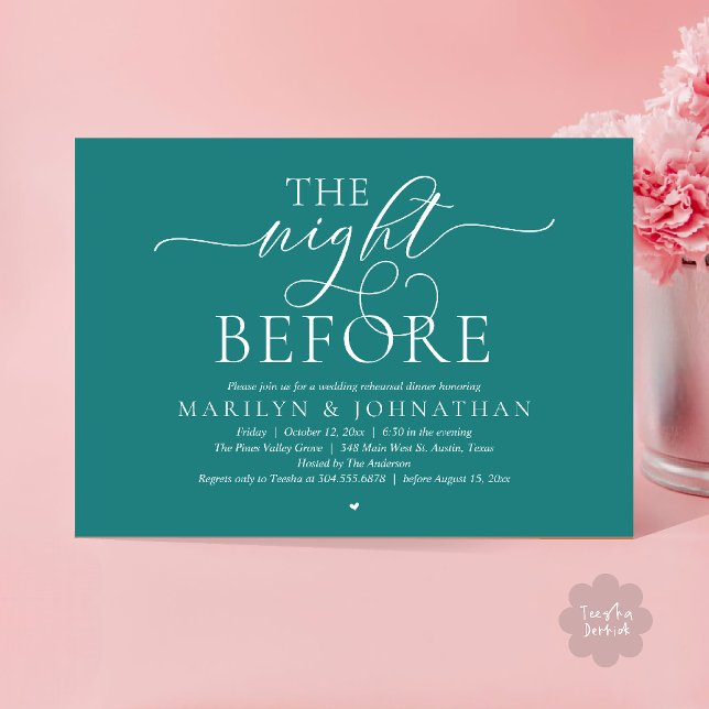 Convites The Night Before, Modern Wedding Rehearsal Dinner (The Night Before, Modern Romantic Classy Wedding Rehearsal Dinner Invitation Card in teal green)