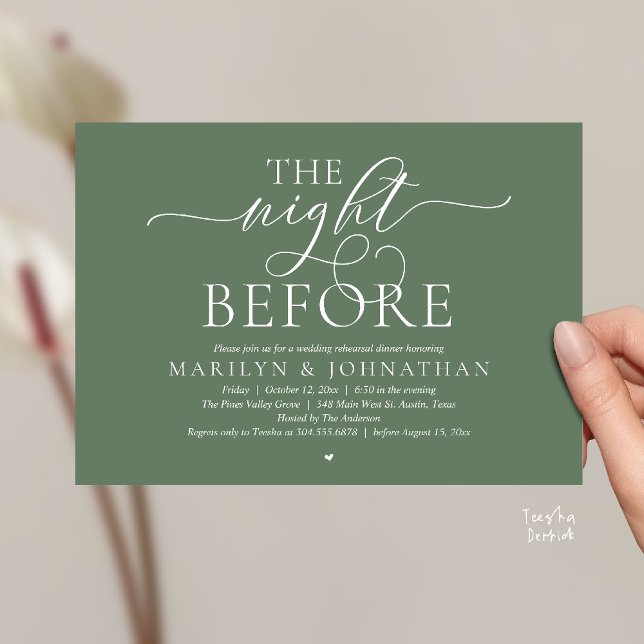 Convites The Night Before, Modern Wedding Rehearsal Dinner (The Night Before, Modern Romantic Classy Wedding Rehearsal Dinner Invitation Card in sage green)