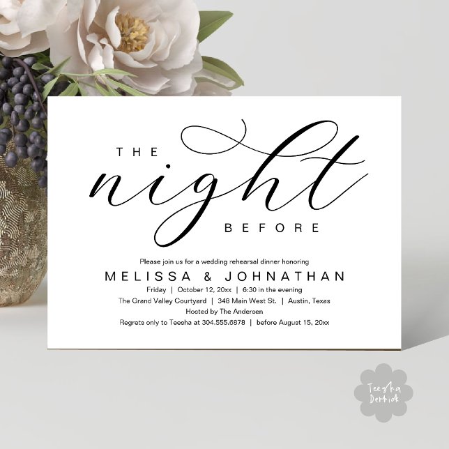 Convites The Night Before, Modern Wedding Rehearsal Dinner (The Night Before, Classy Modern Wedding Rehearsal Dinner Invitation Card PDF Black White)
