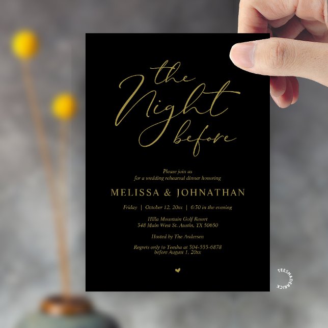 Convites The Night Before Romantic Wedding Rehearsal Dinner (The Night Before Romantic Wedding Rehearsal Dinner Invitation card in black gold)