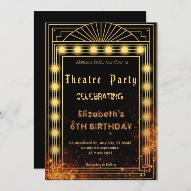Convites Theatre Marquee Party Invitation – Birthday invite (Frente/Verso)
