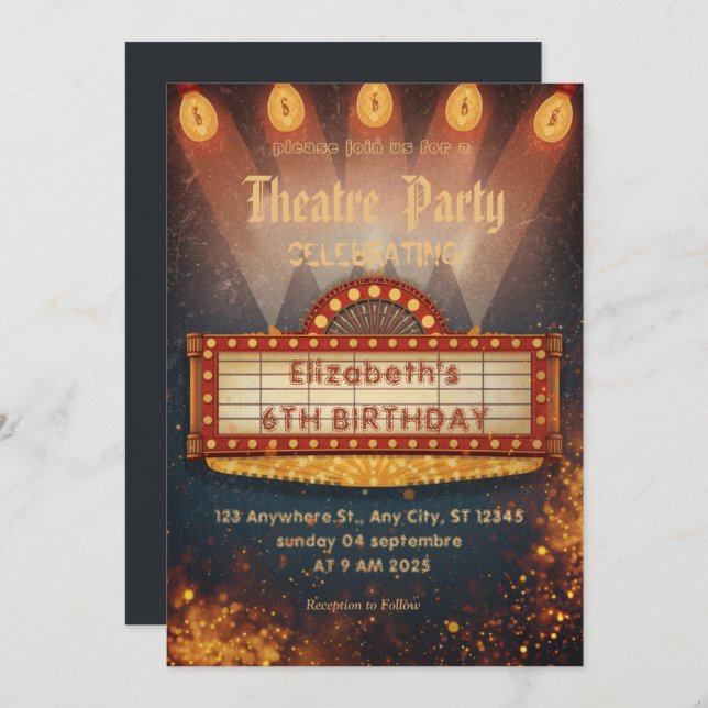 Convites Theatre Marquee Party Invitation – Birthday invite (Frente/Verso)