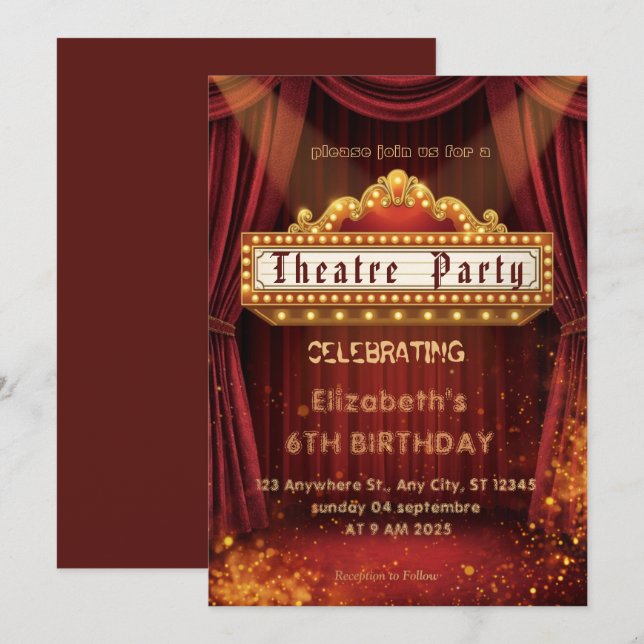 Convites Theatre Marquee Party Invitation – Birthday invite (Frente/Verso)