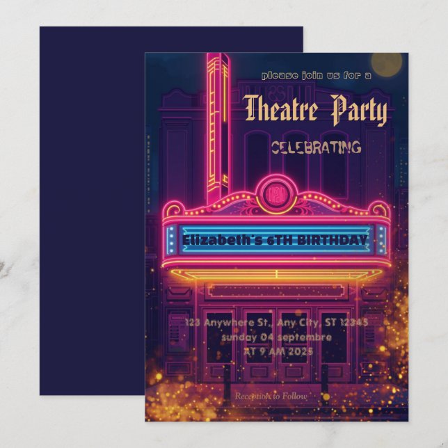 Convites Theatre Marquee Party Invitation – Birthday invite (Frente/Verso)