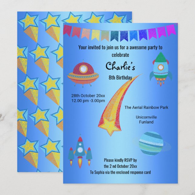 Convites Thema espacial Blue Star Aniversário (Frente/Verso)