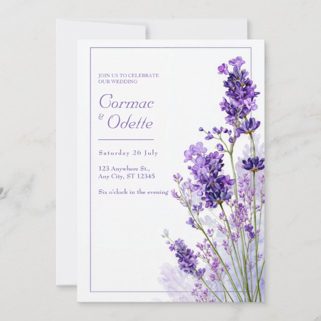 Convites Thin Purple Watercolor Lavender Frame Wedding (Frente)