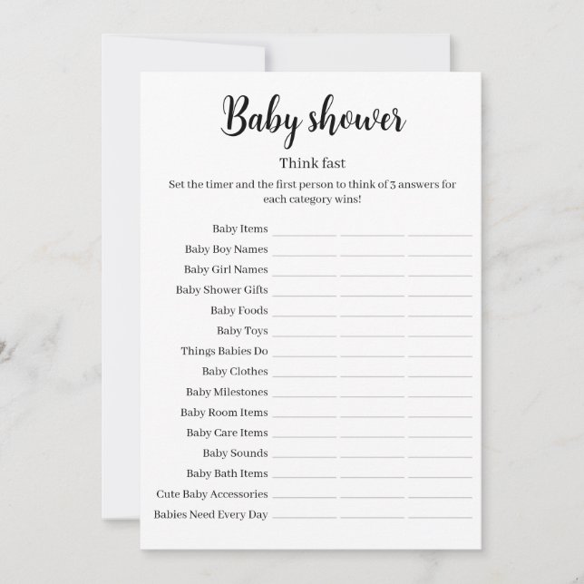 Convites Think Fast Baby Shower Game, Baby Shower Printable (Frente)
