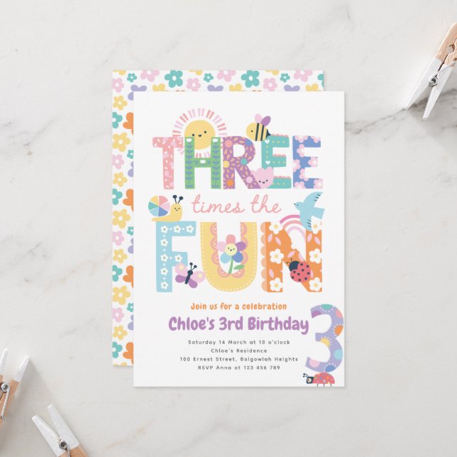 Convites Third Birthday Invite Girl, Three Times the Fun (Frente/Verso In Situ)