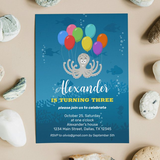 Convites Third Birthday Party Octopus Balloons Invitation (Criador carregado)