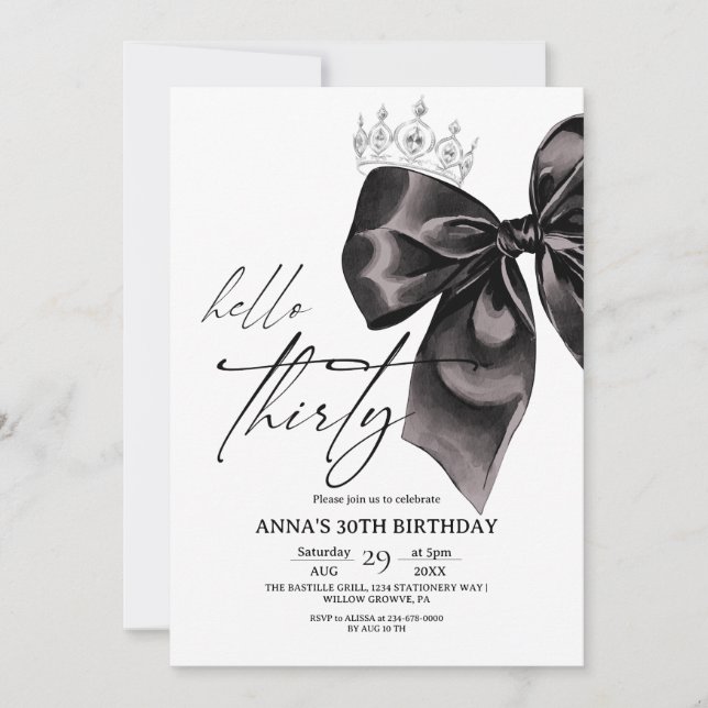 Convites Thirty Black Bow 30th Birthday Invitation (Frente)