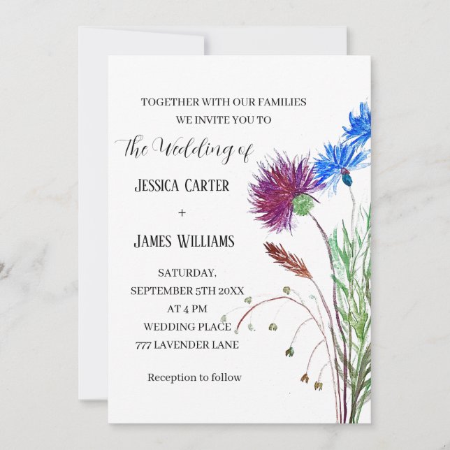 Convites Thistle Cornflower Watercolor Casamento Russo (Frente)