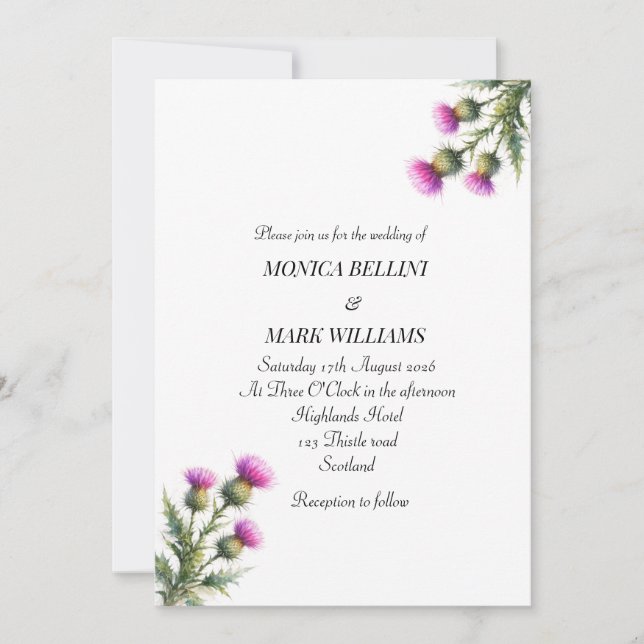 Convites Thistle Purple Floral Scottish Simple Wedding (Frente)