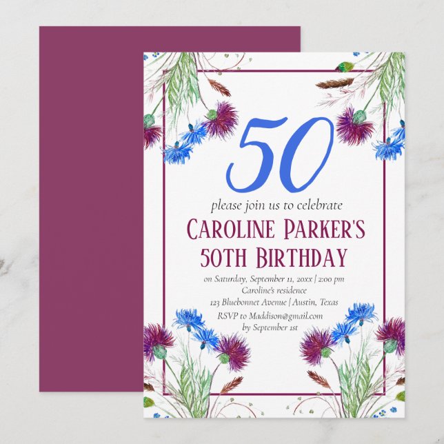 Convites Thistle Scottish 50th Birthday Purple Floral (Frente/Verso)