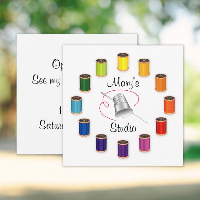 Convites Threads, Agulhas e fios de costura (Invitation to your Studio!
Silver thimble, needle and vivid color wheel of threads design. )