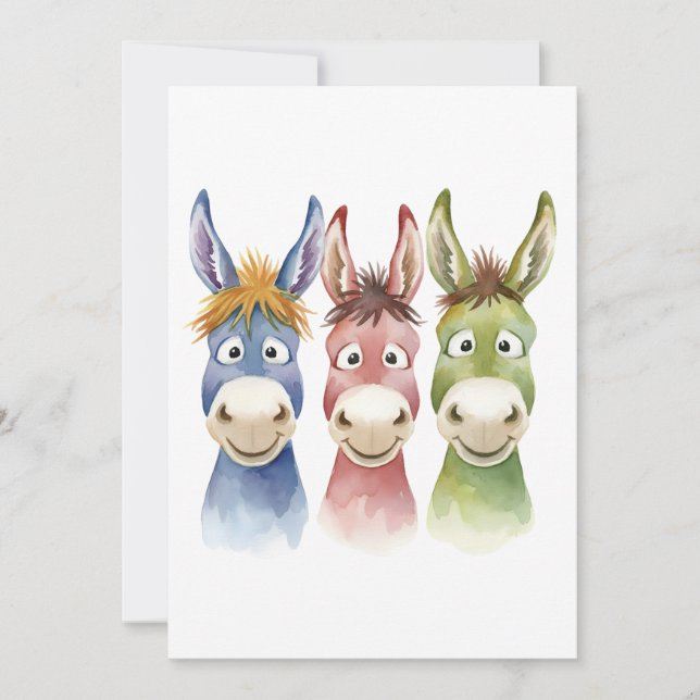 Convites Three Colorful Cartoon Donkeys in Watercolor Style (Frente)