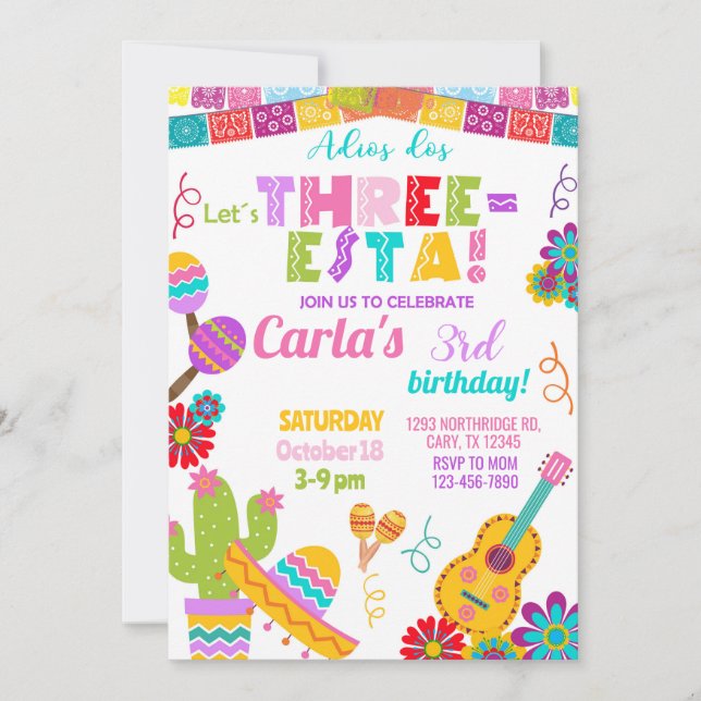 Convites Three-esta Fiesta girl 3rd birthday invitation. (Frente)