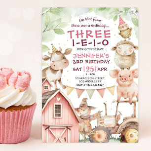 Convites THREE-I-E-I-O Pink Girl Farm 3º Aniversário