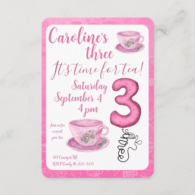 Convites Three It’s Time for Tea 3rd Birthday Invitation (Frente)