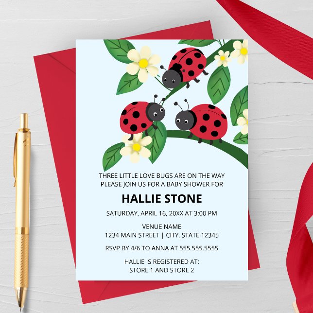 Convites Three Little Love Bugs Ladybug Baby Shower (Three Little Love Bugs Ladybug Baby Shower Invite | Floral Garden Triplet Shower Invitation)