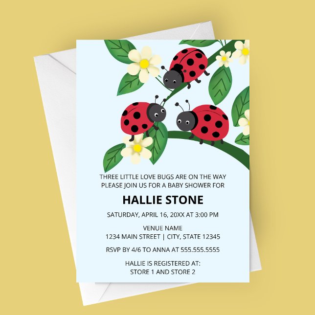 Convites Three Little Love Bugs Ladybug Baby Shower (Three Little Love Bugs Ladybug Baby Shower Invite | Floral Garden Triplet Shower Invitation)
