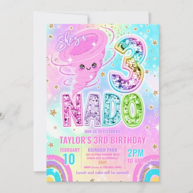 Convites Three Nado Rainbow Glitter 3rd Birthday Party  (Frente)
