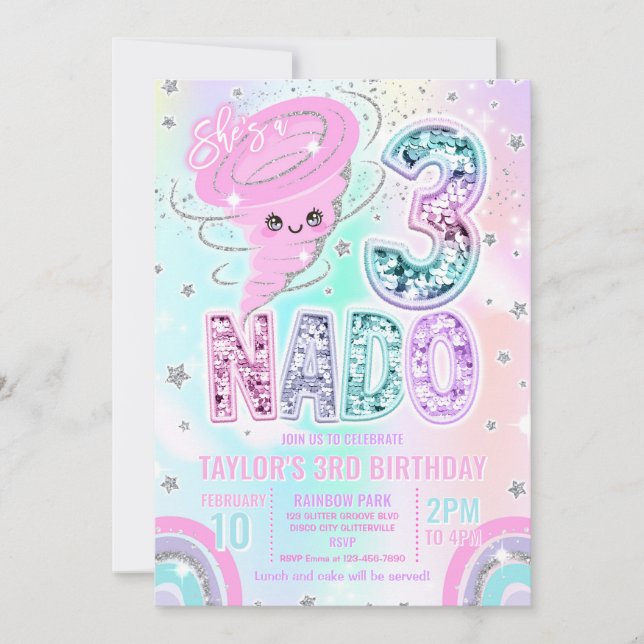 Convites Three Nado Rainbow Glitter 3rd Birthday Party  (Frente)