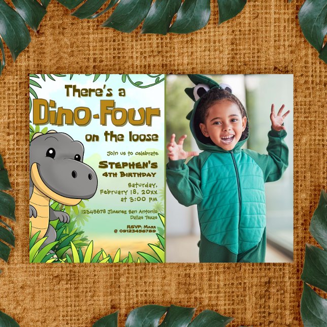 Convites Three Rex Boy 4th Birthday with Photo (Three Rex Boy 4th Birthday with Photo Invitation)