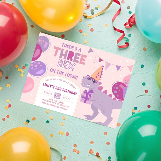 Convites Three Rex Girl Invitation. T-Rex 3rd Birthday (Three Rex Girl Invitation. T-Rex 3rd Birthday Invitation
)