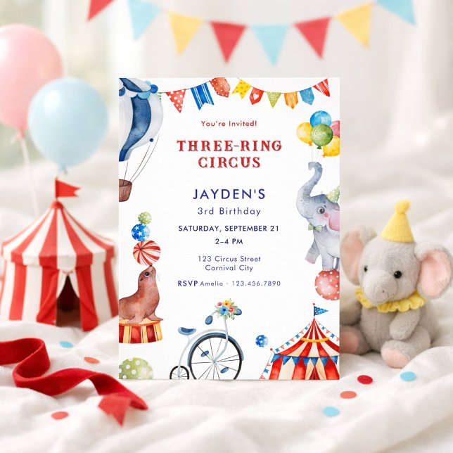 Convites Three Ring Circus 3rd Birthday Carnival Animal (Criador carregado)