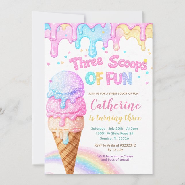 Convites Three Scoops Of Fun Ice Cream Birthday Party  (Frente)