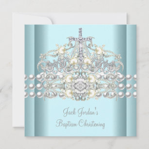 Convites Tiara Azul de Batismo Prata Pérola Branca Diamante
