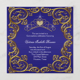 Convites Tiara Azul Marinho Dourado Sweet 15 Quinceanera