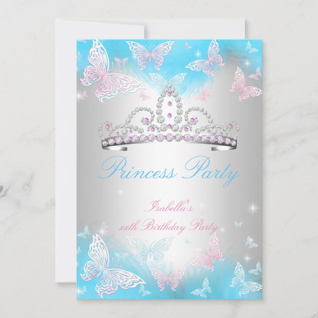 Convites Tiara Azul Teal Festa da Princesa Borboleta Rosa 2 (Frente)