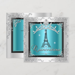 Convites Tiara Azul Turquesa Prata Quinceanera Torre Eiffel