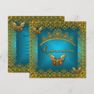Convites Tiara Borboleta Dourada Teal de Aniversário de Qui