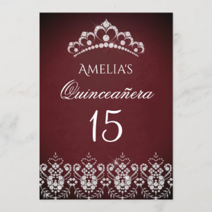 Convites Tiara Brilhante Prata Burgundy Quinceanera