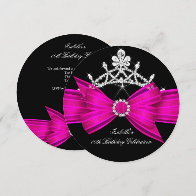 Convites Tiara Brilhante Rosa Quente Arco de Diamante Festa (Frente/Verso)