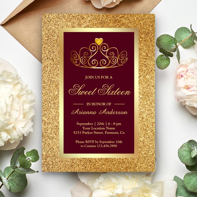 Convites Tiara Brilho Dourado Princesa Borgonha Sweet Sixte (Criador carregado)