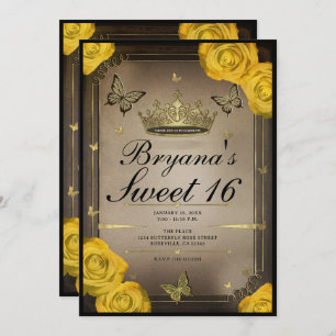 Convites Tiara Butterflies Yellow Roses Sweet 16